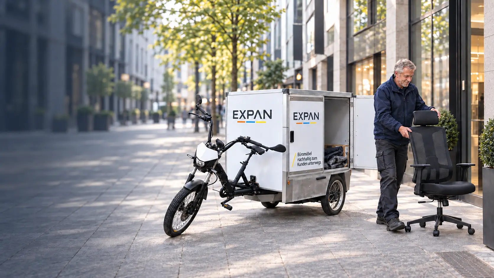 EXPAN-Mitarbeiter liefert einen Bürodrehstuhl nachhaltig mit dem Lastenrad aus